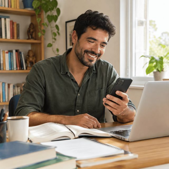 Professor particular estudando com o celular na mão