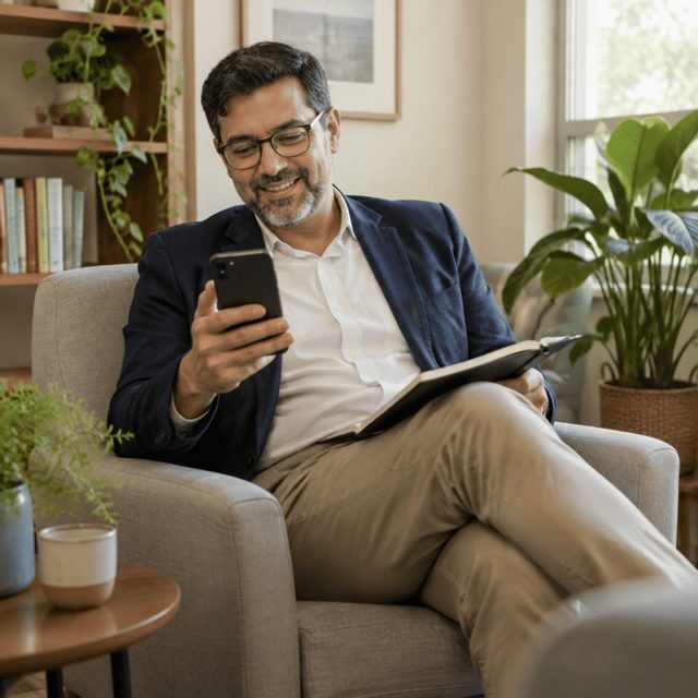 Psicólogo no consultório segurando o celular